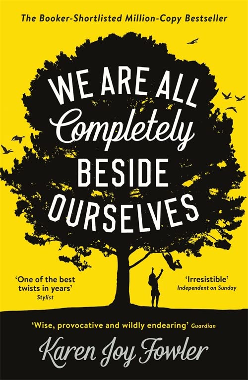Book cover with a large black tree silhouette on yellow background, featuring two figures.