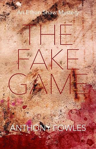 Book cover: "The Fake Game" with red text on a textured, stained background.