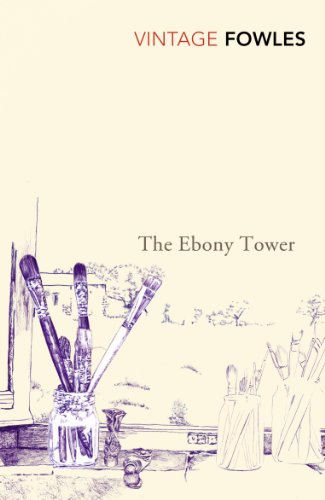 Book cover for "The Ebony Tower" with a sketch of paintbrushes.