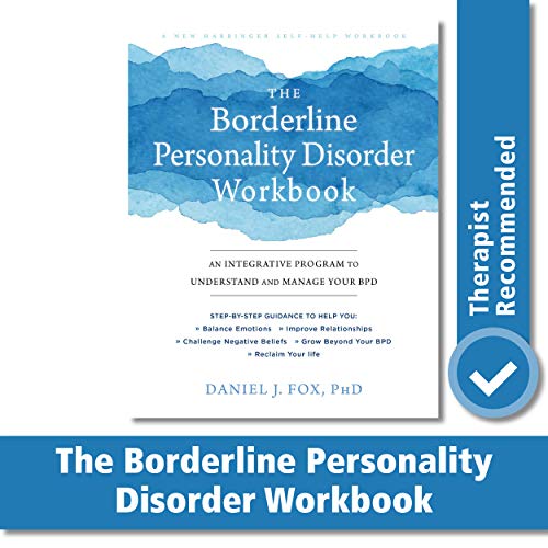 Book cover titled The Borderline Personality Disorder Workbook with blue watercolor abstract art background.