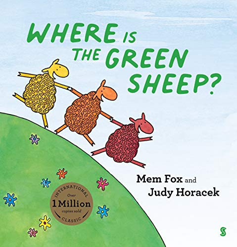 Three colorful sheep walk on a grassy hill under the title Where is the Green Sheep.