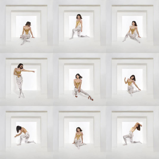"Album cover featuring nine images of a woman posing in white recessed boxes."