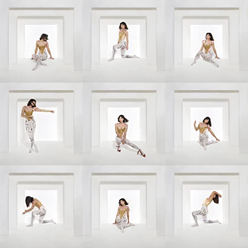 Nine images of a person in patterned clothing posed in white frames.