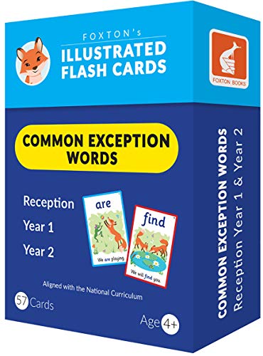Blue flashcard box with illustrated examples of common exception words.