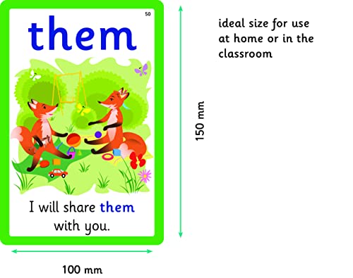 Flash card with “them” and illustration of foxes playing, size noted.
