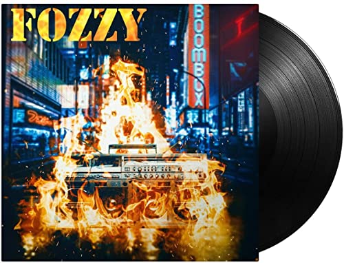 Fozzy “Boombox” vinyl record with album art of a flaming boombox.