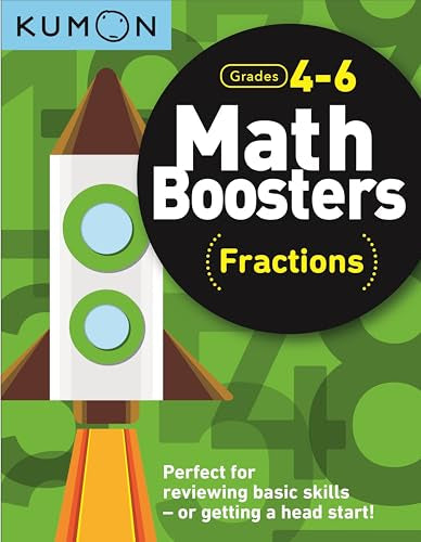 Green book cover with rocket and math symbols, Kumon Math Boosters Fractions title.