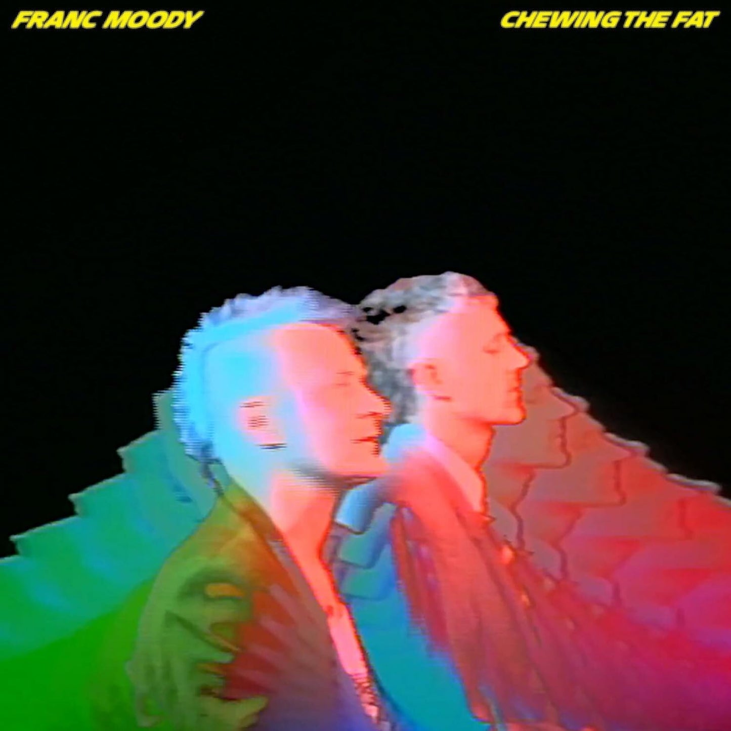 Album cover for Franc Moody’s “Chewing The Fat” with distorted portrait.