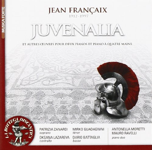 CD cover for Francaix's "Juvenalia" featuring a Roman helmet and mosaic background.