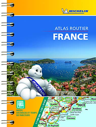 Spiral-bound Michelin road atlas of France with coastal imagery.