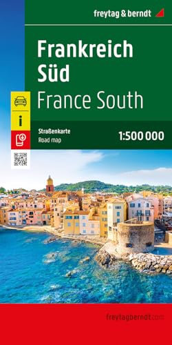 Road map cover of Southern France with coastal town image.