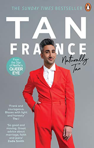 Book cover featuring Tan France in a red suit, memoir title visible.