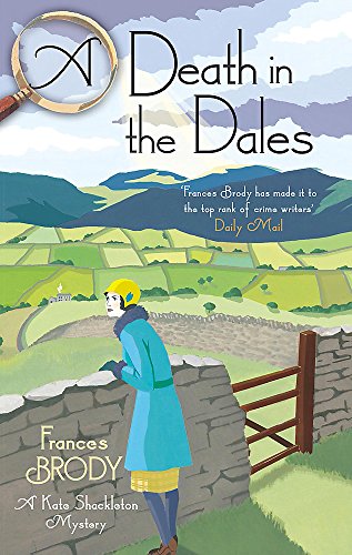 Book cover: woman in teal coat, rural landscape, magnifying glass.