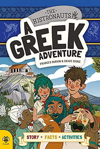 Book cover: illustrated children with Greek scenery and characters.