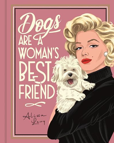 Illustration of a woman holding a small white dog, pink background.