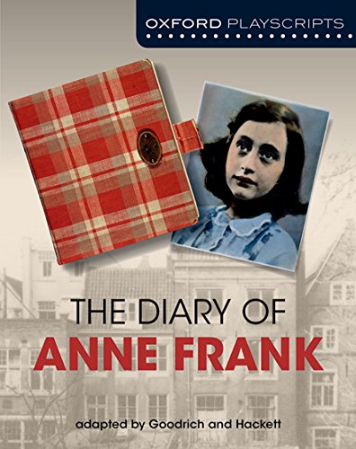 Book cover for "The Diary of Anne Frank" with a red diary and portrait.