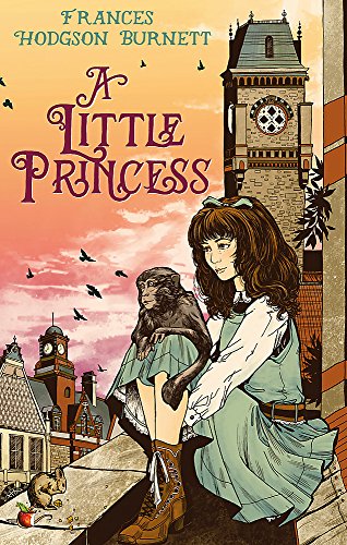 Book cover: girl with monkey, cityscape, and ornate title text.