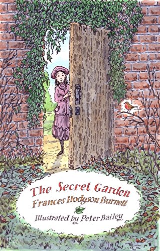 A girl in a pink coat stands by a garden door in an illustration.