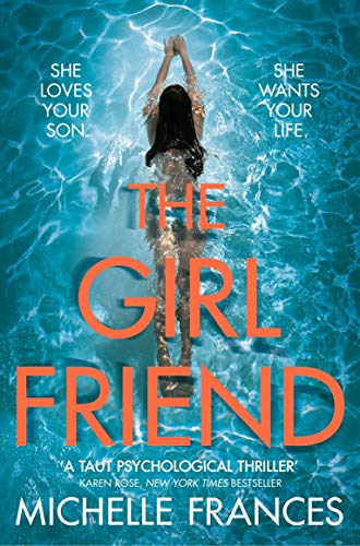 Book cover: woman submerged in blue water, title "The Girlfriend" in red.