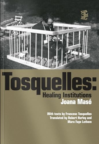 Black and white photo of man in cage on book cover with gold background text.