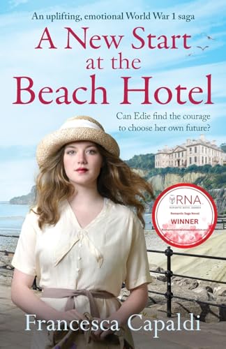 Book cover: woman in hat, beach, hotel, and award seal.