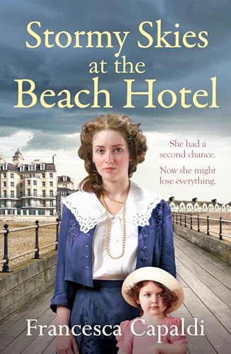 Book cover: woman and child with a hotel and stormy sky backdrop.