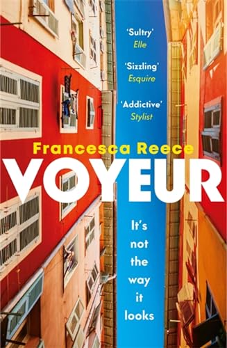 Book cover for “Voyeur” by Francesca Reece, featuring colorful buildings.