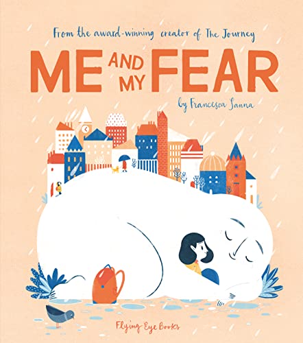 Book cover: girl sits on a large, white, sleeping figure with a townscape.