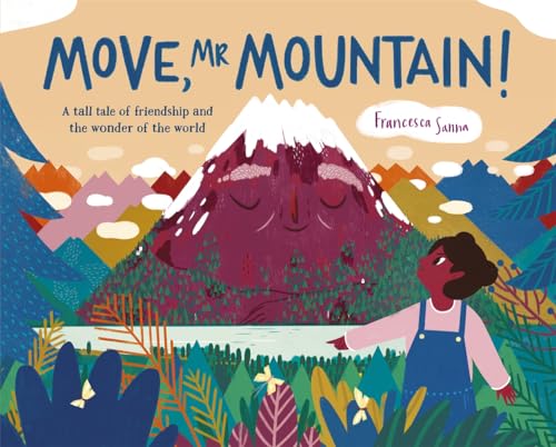 Child points at a large, illustrated mountain with a face.