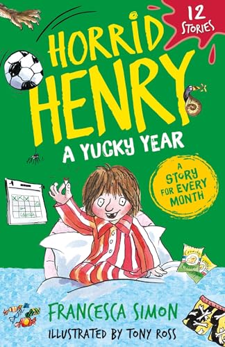 Horrid Henry" book cover with cartoon boy in striped pajamas, green background.