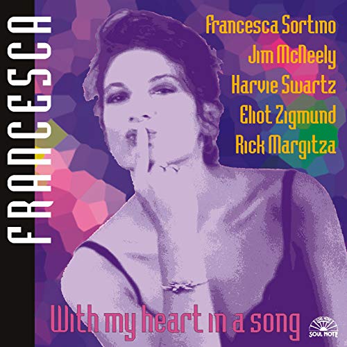 CD cover featuring Francesca Sortino in purple tones, finger to lips.