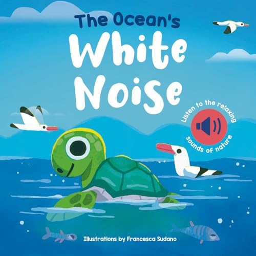 Book cover with a turtle, birds, and ocean waves, titled "Ocean's White Noise".