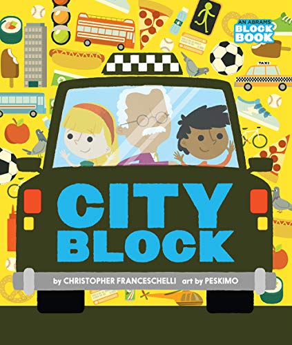 "Children's book cover featuring a green taxi with three passengers on a yellow background."