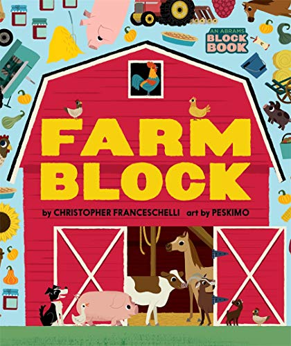 Cover of Farmblock book showing a red barn with animals and farm-themed illustrations.