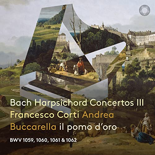 CD cover with fragmented landscape painting and text: Bach Harpsichord Concertos.