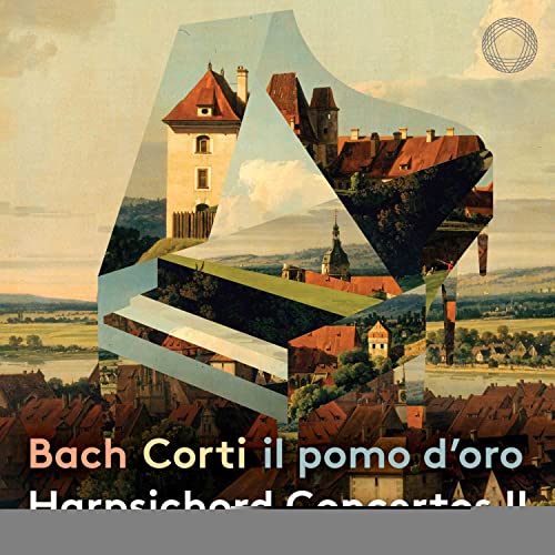 CD cover: Abstract architectural landscape with text “Bach Corti il pomo d’oro”.