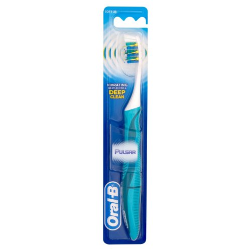 Blue and white toothbrush packaging with Oral-B and Pulsar branding.