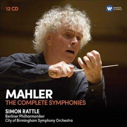 CD cover featuring portrait of conductor Sir Simon Rattle with text “Mahler”.