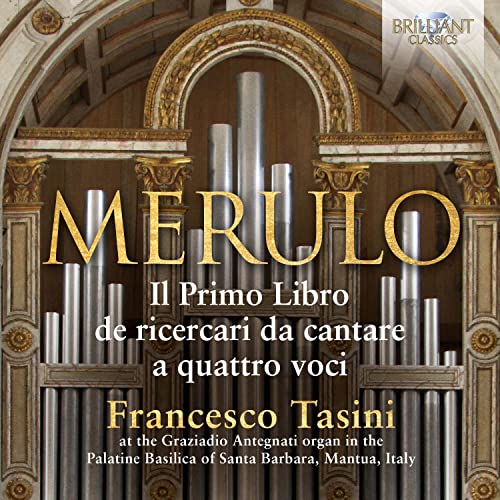 CD cover featuring organ pipes and the name "Merulo" in gold lettering.