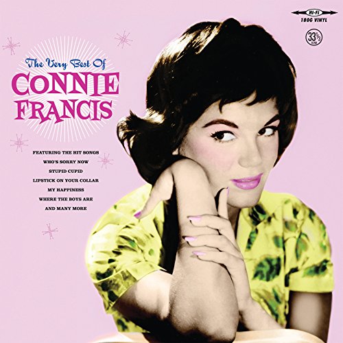 Connie Francis album cover, pink background, woman in yellow dress.