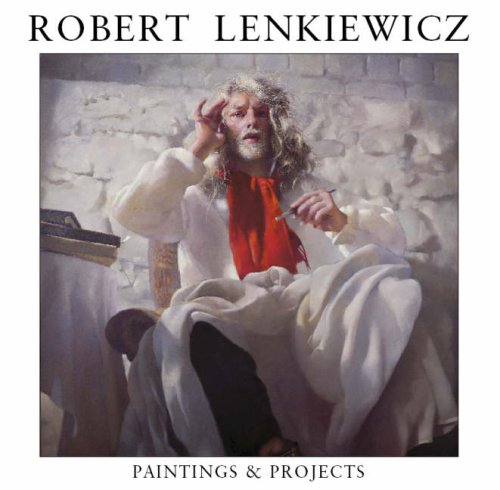 Painting of artist Robert Lenkiewicz seated, hand to head, with art supplies.