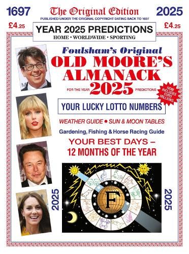 Old Moore's Almanac 2025 cover with celebrity portraits and astrological wheel.