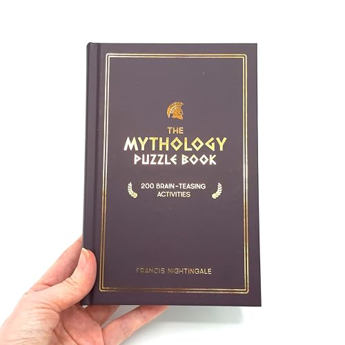 Dark purple book, "The Mythology Puzzle Book," held in a hand.