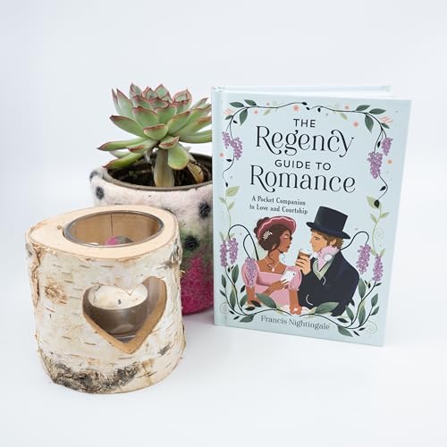 Regency Guide to Romance book with illustration of couple, beside decor.