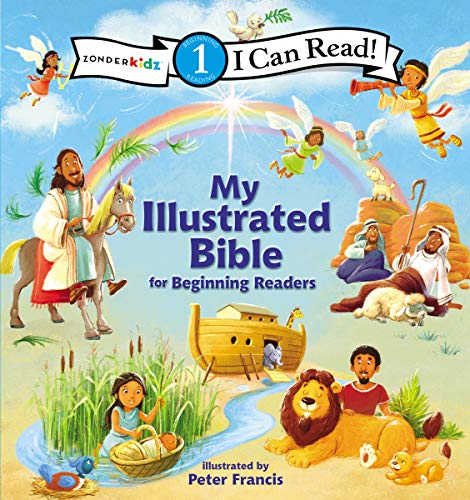Colorful illustrated children’s Bible cover with biblical scenes and characters.