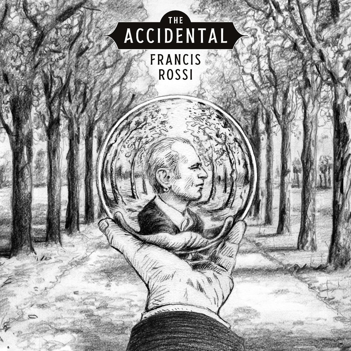 Pencil sketch of Francis Rossi holding a crystal ball reflecting trees.