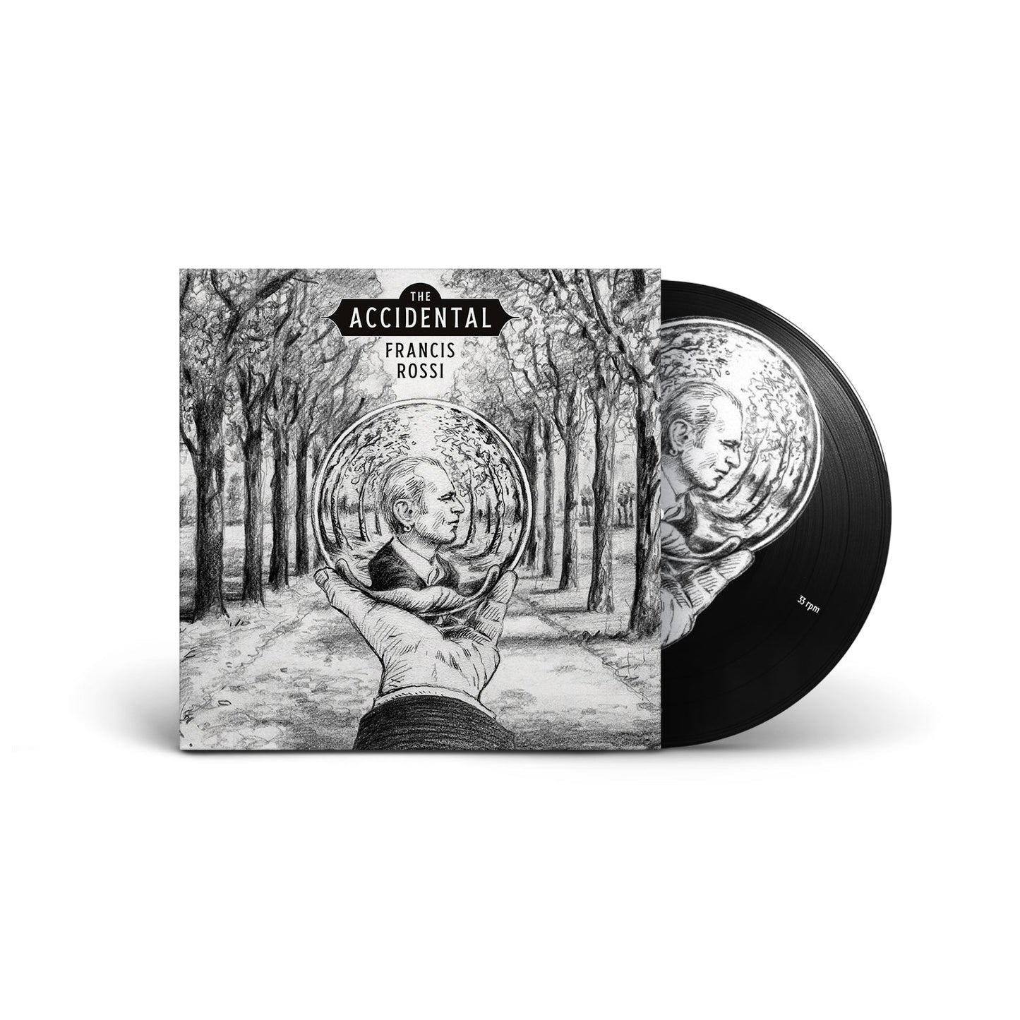 Black vinyl record with sketched album art featuring Francis Rossi’s portrait.
