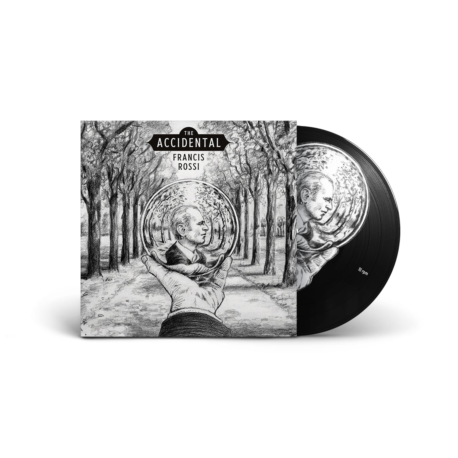 Black vinyl record with sketched album art featuring Francis Rossi’s portrait.