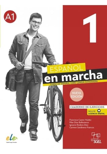 Spanish textbook cover with a young man walking a bicycle, level A1.