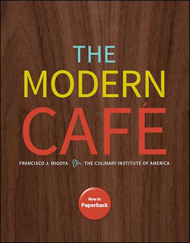 Book cover: "The Modern Cafe" with bold text on a woodgrain background.